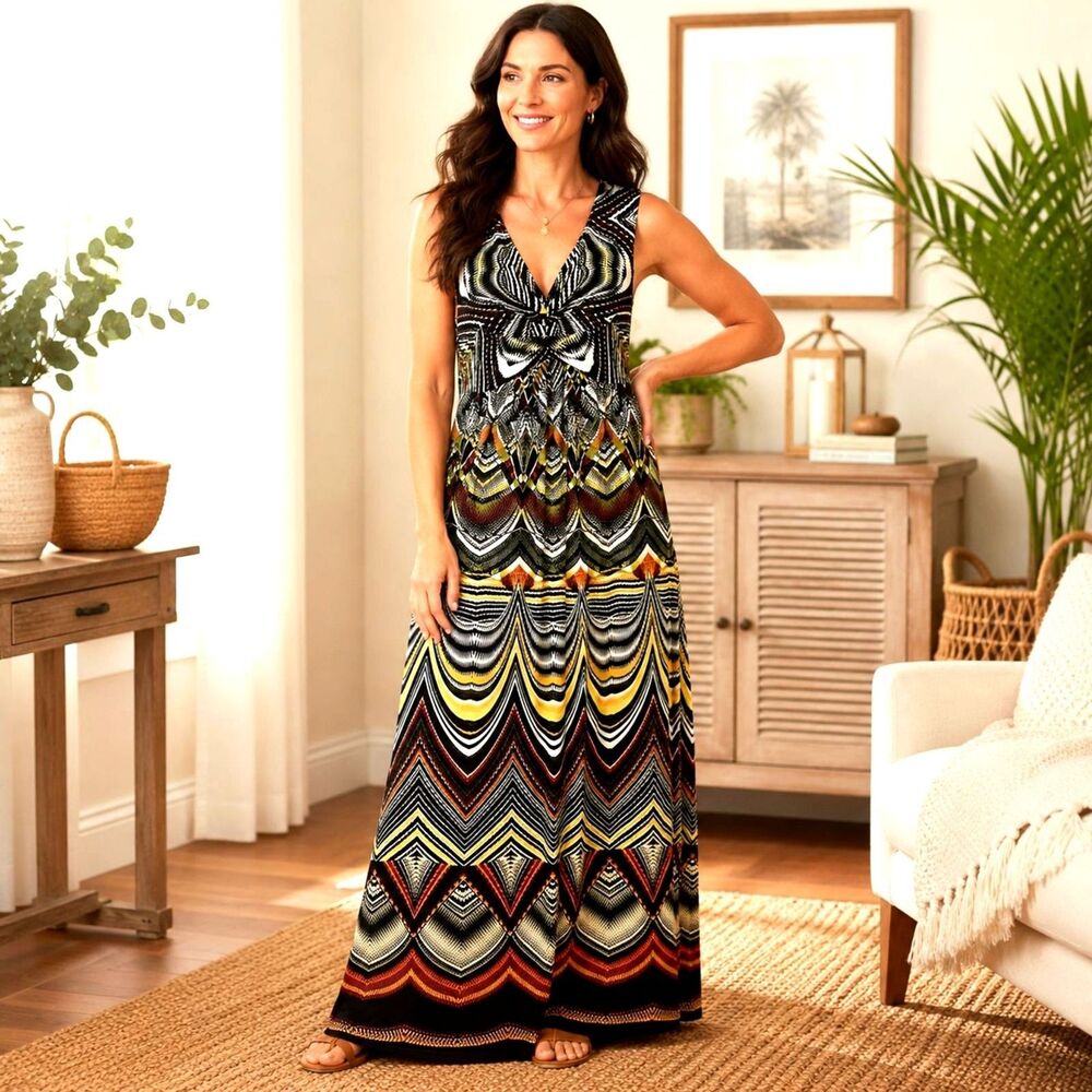 Lauren Ralph Lauren Size 14 Sleeveless Maxi Dress Abstract Chevron Print V Neck